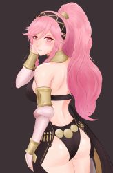 Rule 34 | 1girl, absurdres, ass, back, bare shoulders, black background, black panties, blush, breasts, choker, commission, cowboy shot, dancer, detached sleeves, embarrassed, female focus, fire emblem, fire emblem awakening, fire emblem heroes, hairband, highres, long hair, looking at viewer, looking back, matching hair/eyes, nintendo, olivia (fire emblem), panties, pink eyes, pink hair, ponytail, sideboob, simple background, smgold, solo, underwear