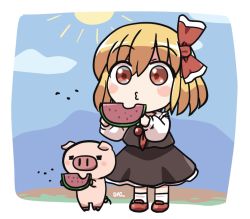 Rule 34 | 1girl, black skirt, black vest, blonde hair, blue sky, bow, cloud, food, fruit, full body, hair bow, holding, holding food, o3o, outdoors, pig, red bow, red eyes, red footwear, red neckwear, rokugou daisuke, rumia, short hair, skirt, sky, spitting, standing, sun, touhou, touhou cannonball, vest, watermelon, white legwear