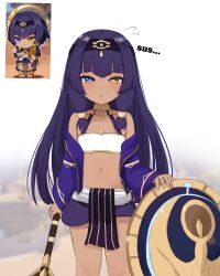 Rule 34 | 1girl, :o, aged down, alternate hair length, alternate hairstyle, bandeau, bare shoulders, black hairband, blue eyes, blue jacket, blunt bangs, blush, candace (genshin impact), commentary, cowboy shot, dark skin, genshin impact, hairband, heterochromia, highres, holding, jacket, jewelry, loincloth, long hair, long sleeves, looking at viewer, mockingeu, multiple views, neck ring, open clothes, open jacket, parted lips, purple hair, purple shorts, shield, short shorts, shorts, standing, very long hair, yellow eyes