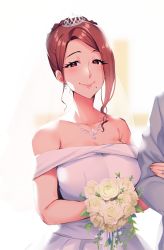 Rule 34 | 1boy, 1girl, bare shoulders, bouquet, breasts, bride, brown hair, dress, earrings, flower, formal, groom, holding, holding bouquet, jewelry, large breasts, looking at viewer, minamoto (mutton), mole, necklace, netorare, original, out of frame, ring, smile, strapless, strapless dress, tiara, tuxedo, wedding, wedding dress, white dress, white flower