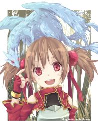 Rule 34 | 10s, 1girl, :d, armor, breastplate, brown hair, fingerless gloves, gloves, hair ribbon, highres, hpflower, looking at viewer, open mouth, pina (sao), red eyes, ribbon, silica, smile, solo, sword art online, twintails, upper body, watermark, web address