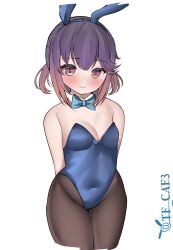Rule 34 | 1girl, absurdres, arms behind back, black pantyhose, blue bow, blue bowtie, blue leotard, bow, bowtie, breasts, cowboy shot, gradient hair, highres, kantai collection, leotard, looking at viewer, multicolored hair, one-hour drawing challenge, orange hair, pantyhose, purple eyes, purple hair, short hair, sidelocks, simple background, small breasts, smile, solo, strapless, strapless leotard, tf cafe, tsushima (kancolle), twitter username, white background