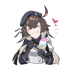Rule 34 | ahoge, arknights, armband, beret, black gloves, black hat, blush, brown hair, cape, commentary, cropped torso, deel (rkeg), food, gloves, happy, hat, heart, highres, holding, holding food, holding spoon, ice cream cone, jacket, plume (arknights), short hair, smile, solo, spoon, symbol-only commentary, upper body, white jacket