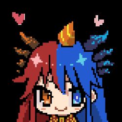 Rule 34 | 1girl, animated, animated gif, blinking, blue eyes, blue hair, blue horns, bright pupils, dragon girl, dragon horns, hat, heart, horns, inferna dragnis (xoldrek), long hair, looking at viewer, lowres, monster girl, non-web source, orange eyes, original, party hat, pixel art, red hair, red horns, smile, solo, symbol-shaped pupils, symbol in eye, transparent background, usagi1923, white pupils