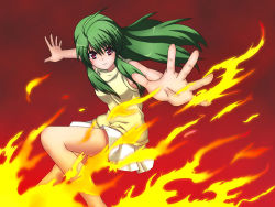 Rule 34 | 00s, ahoge, fire, green hair, inukami!, long hair, red eyes, s-no, skirt, solo, youko (inukami)