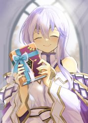 Rule 34 | 1girl, bare shoulders, blue bow, blurry, blurry background, book, bow, circlet, closed eyes, closed mouth, detached sleeves, dress, fire emblem, fire emblem: genealogy of the holy war, fire emblem heroes, highres, holding, holding book, indoors, julia (fire emblem), looking at viewer, nintendo, purple hair, smile, solo, turtleneck, turtleneck dress, upper body, white dress, wide sleeves, window, yukia (firstaid0)