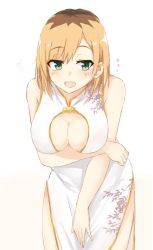 Rule 34 | 1girl, :d, alternate breast size, alternate costume, bent over, blonde hair, blush, breasts, brown hair, china dress, chinese clothes, cleavage, cleavage cutout, clothing cutout, dress, green eyes, heart, large breasts, looking at viewer, miyamori aoi, multicolored hair, open mouth, print dress, roots (hair), shirobako, short hair, side slit, simple background, sleeveless, sleeveless dress, smile, solo, tahita1874, translated, two-tone hair, white background, white dress