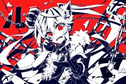 Rule 34 | 1girl, animal ears, aosaki yato, belt collar, bone, broken bone, cat ears, chain, collar, commentary, crown, debris, fur-trimmed jacket, fur trim, gloves, hatsune miku, highres, jacket, long hair, looking at viewer, monochrome, necktie, outstretched arm, paper, reaching, reaching towards viewer, red background, red eyes, sleeveless, sleeveless jacket, solo, song name, spot color, twintails, very long hair, vocaloid, x