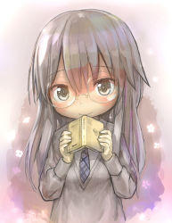 Rule 34 | 1girl, black hair, blue necktie, blush, book, brown eyes, character request, closed mouth, copyright request, highres, holding, holding book, long hair, long sleeves, looking at viewer, necktie, smile, solo, tsukushi akihito, upper body