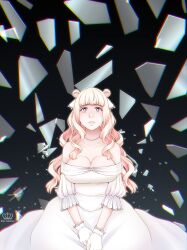 Rule 34 | 1girl, absurdres, artist name, bead necklace, beads, blonde hair, breasts, broken glass, chromatic aberration, cleavage, commentary, crying, double bun, dress, frown, glass, gloves, hair bun, highres, hime takamura, jewelry, large breasts, long hair, necklace, original, parted lips, purple eyes, sitting, solo, strapless, strapless dress, streaming tears, tears, thyra teravathinia, watermark, wavy hair, white dress, white gloves
