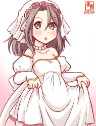Rule 34 | 1girl, alternate costume, artist logo, bare shoulders, bridal veil, brown eyes, collarbone, commentary request, cowboy shot, dated, detached sleeves, dress, flat chest, flower, gradient background, grey hair, hair flower, hair ornament, head wreath, jewelry, kanon (kurogane knights), kantai collection, long hair, looking at viewer, necklace, off-shoulder dress, off shoulder, one-hour drawing challenge, pearl necklace, pink background, skirt hold, solo, veil, wedding dress, white background, zuihou (kancolle)