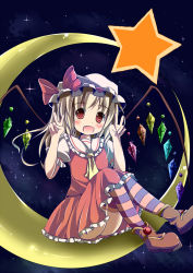 Rule 34 | 1girl, :d, ascot, blonde hair, boots, crescent moon, double v, fang, flandre scarlet, hat, kazura, long hair, looking at viewer, moon, on crescent, open mouth, red eyes, sitting, skirt, skirt set, smile, solo, star (symbol), striped clothes, striped thighhighs, thighhighs, touhou, v, wings