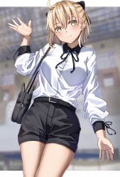 Rule 34 | 1girl, absurdres, ahoge, bag, black bow, black shorts, blonde hair, bow, breasts, collared shirt, contemporary, fate/grand order, fate (series), hair bow, half updo, highres, koha-ace, large breasts, long sleeves, looking at viewer, okita souji (fate), okita souji (koha-ace), shirt, short hair, shorts, shoulder bag, smile, solo, thighs, toukan, white shirt, yellow eyes