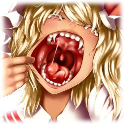 Rule 34 | 1girl, blonde hair, close-up, embodiment of scarlet devil, fangs, female focus, flandre scarlet, hat, hat ribbon, head tilt, looking at viewer, mouth focus, mouth pull, nostrils, open mouth, red eyes, ribbon, saliva, sanagi (diohazard), short hair, side ponytail, solo, teeth, tongue, touhou, uvula, vampire
