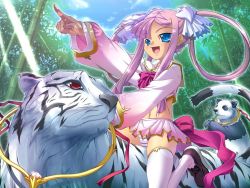 Rule 34 | 1girl, blue eyes, eating, forest, game cg, hair ornament, hairclip, hikage eiji, koihime musou, long hair, midriff, miniskirt, nature, navel, outdoors, panda, panties, pantyshot, pink hair, red eyes, ribbon, riding, sitting, skirt, smile, solo, sonshoukou, striped clothes, striped panties, thighhighs, tiger, twintails, underwear, upskirt