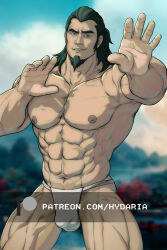 Rule 34 | 1boy, abs, avatar legends, bara, black hair, bulge, covered penis, cowboy shot, facial hair, fighting stance, fundoshi, goatee, hydaria, japanese clothes, large pectorals, long sideburns, looking at viewer, male focus, mature male, medium hair, muscular, muscular male, navel, nipples, outstretched arm, paid reward available, pectorals, sideburns, solo, standing, stomach, the legend of korra, tonraq, topless male, watermark