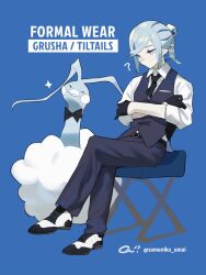 Rule 34 | 1boy, ?, altaria, alternate costume, black bow, black bowtie, black gloves, black necktie, blue background, blue eyes, blue hair, bow, bowtie, closed mouth, collared shirt, commentary request, creatures (company), crossed arms, crossed legs, formal, game freak, gen 3 pokemon, gloves, grusha (pokemon), highres, looking down, male focus, necktie, nintendo, pants, pokemon, pokemon (creature), pokemon sv, sameniku umai, shirt, shoes, short hair, sitting, twitter username, vest, watermark, white shirt