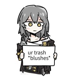 Rule 34 | 1girl, black jacket, blush, chibi, closed mouth, collarbone, commentary, cropped torso, english commentary, english text, engrish text, expressionless, grey hair, highres, holding, holding sign, honkai: star rail, honkai (series), jacket, looking at viewer, ranguage, shirt, sign, simple background, solo, spoken blush, stelle (honkai: star rail), trailblazer (honkai: star rail), tunaplus c, twitter username, white background, white shirt, yellow eyes