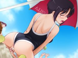 Rule 34 | 1boy, 2girls, arms up, ass, back, ball, beach, beach umbrella, beachball, black hair, blue one-piece swimsuit, blush, buried, censored, closed eyes, clothed sex, clothing aside, cloud, competition school swimsuit, cum, cum in pussy, day, faceless, faceless female, from behind, from below, furuhashi chinatsu, game cg, girl on top, glasses, hetero, kiriyama taichi, licking, looking back, moaning, mosaic censoring, multiple girls, nose blush, one-piece swimsuit, open mouth, outdoors, parted bangs, penis, ponytail, pov, public indecency, purple hair, pussy, reverse cowgirl position, rimless eyewear, sand, sandals, school swimsuit, sex, sex from behind, short hair, sky, soga kaede, solo focus, stealth sex, straddling, sweet home, swimsuit, swimsuit aside, testicles, umbrella, vaginal