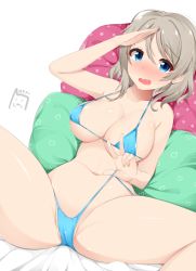 Rule 34 | 10s, 1girl, bad id, bad pixiv id, bikini, blue bikini, blue eyes, blush, breasts, cameltoe, cleavage, cleft of venus, covered erect nipples, highres, large breasts, logo, lomocya, looking at viewer, love live!, love live! sunshine!!, micro bikini, navel, open mouth, pillow, salute, shiny skin, short hair, silver hair, sitting, solo, spread legs, strap gap, swimsuit, watanabe you, wavy hair