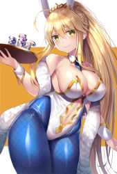 Rule 34 | 1girl, absurdres, animal ears, artoria pendragon (all), artoria pendragon (fate), artoria pendragon (swimsuit ruler) (fate), bare shoulders, blonde hair, blue nails, blue necktie, blue pantyhose, breasts, cleavage, detached collar, fake animal ears, fate/grand order, fate (series), feather boa, fishnets, green eyes, hair between eyes, highres, holding, holding tray, large breasts, leotard, long hair, looking at viewer, nail polish, nano (syoutamho), necktie, pantyhose, playboy bunny, poker chip, ponytail, rabbit ears, sidelocks, smile, solo, tray, white leotard, wrist cuffs