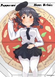 Rule 34 | 1girl, anzio school uniform, belt, beret, black belt, black hair, black hat, black necktie, black skirt, braid, brown eyes, character name, cheese trail, commentary, dress shirt, emblem, english text, food, food on head, food print, from above, girls und panzer, hair tie, hand on own stomach, happy birthday, hat, highres, holding, holding food, long sleeves, lying, miniskirt, namatyoco, necktie, object on head, on back, pantyhose, pepperoni (girls und panzer), pizza, pizza slice, pleated skirt, school uniform, shirt, short hair, side braid, skirt, solo, tilted headwear, twitter username, white pantyhose, white shirt, wing collar