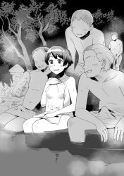 Rule 34 | 1girl, 4boys, blush, breasts, erection, faceless, faceless male, greyscale, kantai collection, makio (makiomeigenbot), mogami (kancolle), monochrome, multiple boys, naked towel, onsen, open mouth, outdoors, partially submerged, short hair, sitting, small breasts, steam, sweat, topless male, towel, tree, water