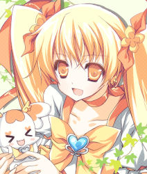 Rule 34 | &gt; &lt;, 10s, 1girl, bad id, bad pixiv id, blonde hair, bow, brooch, cure sunshine, closed eyes, hair ribbon, heart, heart brooch, heartcatch precure!, magical girl, myoudouin itsuki, orange bow, potpourri (heartcatch precure!), precure, purinpurin, ribbon, twintails, white background, yellow bow, yellow eyes, yellow theme