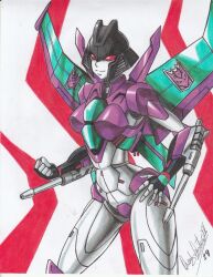 Rule 34 | 1girl, 2019, absurdres, alien, armor, artist name, breasts, decepticon, helmet, highres, humanoid robot, mechanical arms, medium breasts, ravernclouk design, red eyes, robot, simple background, slipstream (transformers), smile, solo, traditional media, transformers, weapon, wings