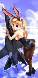 Rule 34 | 1girl, aircraft, airplane, animal ears, ass, blonde hair, blue eyes, boots, detached collar, f-14, fake animal ears, glasses, highres, kiryuu takahisa, leotard, long hair, original, pantyhose, playboy bunny, rabbit ears, rabbit tail, solo, tail, twintails, undersized object, vehicle focus, wrist cuffs