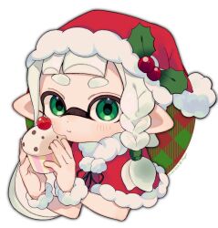 Rule 34 | 1girl, braid, cherry, christmas, closed mouth, commentary request, cupcake, eating, food, fruit, green eyes, hat, inkling, inkling girl, inkling player character, long hair, nintendo, pointy ears, sahata saba, santa hat, simple background, solo, splatoon (series), splatoon 3, tentacle hair, upper body, white background, white hair