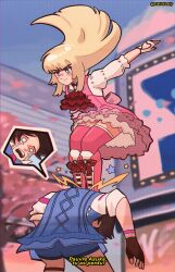 2girls absurdres blonde_hair blue_shorts blue_sweater blush brown_hair cherry_blossoms commentary dress emilie_de_rochefort english_commentary french_text highres kazama_asuka long_hair multiple_girls nialistically petals pink_dress short_hair shorts standing_on_another&#039;s_head subtitled sweater tears tekken tekken_8 translation_request