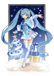 Rule 34 | 1girl, aqua eyes, argyle, bauble, blue necktie, blush, buttons, capelet, christmas ornaments, christmas tree, earmuffs, fur trim, garland (decoration), gift, hatsune miku, highres, long hair, long sleeves, necktie, outstretched arms, pleated skirt, skirt, snow, snowflakes, solo, standing, standing on one leg, star (symbol), thighhighs, twintails, urata asao, very long hair, vocaloid, wing collar, yuki miku, zettai ryouiki