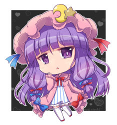 Rule 34 | 1girl, artist name, bad id, bad pixiv id, blue ribbon, chibi, commentary request, crescent, crescent pin, dress, full body, grey background, hair ribbon, hand up, hat, hat ornament, heart, heart background, long hair, long sleeves, looking at viewer, mob cap, noai nioshi, parted lips, patchouli knowledge, pink dress, pink hat, purple eyes, purple hair, red ribbon, ribbon, sleeves past wrists, solo, star (symbol), star hat ornament, striped clothes, striped dress, thighhighs, touhou, two-tone background, vertical-striped clothes, vertical-striped dress, very long hair, white background, white thighhighs, wide sleeves