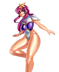 Rule 34 | 1girl, blue eyes, breasts, commentary, cosmikaizer, english commentary, covered erect nipples, gundam, gundam seed, gundam seed destiny, hair ornament, highres, leotard, looking to the side, medium breasts, meer campbell, pink hair, skin tight, smile, solo, star (symbol), star hair ornament, white background