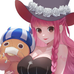 Rule 34 | 1girl, absurdres, artist request, bare shoulders, black dress, black eyes, black hat, breasts, breasts squeezed together, brown background, cleavage, dress, drill hair, fingernails, flower, hand on own hip, hand up, hat, hat flower, highres, holding, holding stuffed toy, large breasts, long hair, one piece, perona, pink hair, red hat, shoulder tattoo, simple background, solo, strapless, strapless dress, stuffed animal, stuffed toy, tattoo, very long hair, watch, white flower, wristwatch