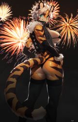 Rule 34 | 1girl, 2022, absurdres, animal ears, artist name, ass, bikini, blue eyes, breasts, chinese zodiac, commission, dated, detached sleeves, fang, feet out of frame, fireworks, fur trim, furry, furry female, grey hair, hand on own hip, highres, large breasts, looking at viewer, looking back, muscular, muscular female, original, pgm300, scar, scar on face, scar on nose, short hair, solo, swimsuit, tail, thighhighs, thong, tiger ears, tiger girl, tiger tail, watermark, year of the tiger