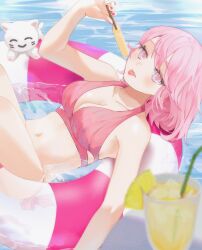 Rule 34 | 1girl, bikini, breasts, cat, food, highres, holding, holding food, holding popsicle, indie utaite, innertube, mebuki (moon angel 4), medium breasts, midriff, nqrse, pink bikini, pink eyes, pink hair, popsicle, short hair, solo, stomach, swim ring, swimsuit, tongue, tongue out, water
