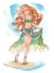 Rule 34 | 1girl, arm up, armpits, beach, bikini, bracelet, breasts, character request, cleavage, collarbone, commission, floating hair, flower, full body, green bikini, green eyes, hair between eyes, hair flower, hair ornament, hair ribbon, halterneck, highres, jewelry, layered bikini, long hair, looking at viewer, medium breasts, navel, open mouth, orange hair, ponytail, ribbon, sarong, see-through, shimatani azu, skeb commission, solo, standing, swimsuit, very long hair, white background, white flower, white ribbon