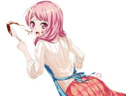 Rule 34 | 1girl, :o, apron, bang dream!, blue apron, blush, chocolate, chocolate on face, commentary request, dutch angle, food, food on face, hair over shoulder, holding, holding spatula, long hair, long sleeves, looking at viewer, looking back, maruyama aya, nyanmaru (ememing), pink eyes, pink hair, plaid, plaid skirt, ribbed sweater, signature, simple background, skirt, solo, spatula, sweater, white background, white sweater
