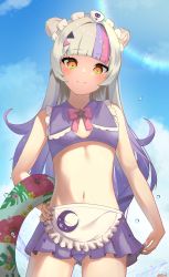 Rule 34 | 1girl, absurdres, alternate costume, bikini, bikini skirt, bizusuhatu123, blue sky, blunt bangs, bow, bowtie, breasts, closed mouth, cloud, cloudy sky, commentary request, floral print, gradient hair, grey hair, hair ornament, hibiscus print, highres, hololive, innertube, looking at viewer, maid headdress, multicolored hair, murasaki shion, murasaki shion (magical girl maid), nail polish, orange eyes, pink bow, pink bowtie, pink hair, pleated skirt, purple bikini, purple hair, purple nails, shiny skin, sidelocks, signature, skirt, sky, small breasts, smile, solo, standing, streaked hair, swim ring, swimsuit, thighs, virtual youtuber