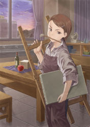 Rule 34 | 1girl, absurdres, apple, apron, art brush, bottle, brown eyes, brown hair, canvas (object), cheese, chiaki rakutarou, classroom, cloud, easel, faucet, food, fruit, hair ornament, hairclip, highres, indoors, mouth hold, oekaki musume, original, overalls, paintbrush, school, short hair, sky, sleeves pushed up, solo, table, window