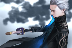 Rule 34 | 1boy, capcom, coat, devil may cry (series), devil may cry 5, fingerless gloves, gloves, grey eyes, grey hair, highres, holding, holding sword, holding weapon, looking at viewer, male focus, manly, short hair, solo, spoilers, sword, vergil (devil may cry), weapon, yamato (sword), yoshio (55level)