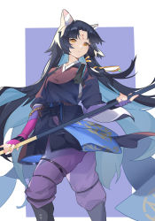Rule 34 | 1girl, animal ear fluff, animal ears, arknights, bad id, bad pixiv id, black hair, black kimono, border, closed mouth, dog ears, facial mark, feet out of frame, fingerless gloves, forehead mark, gloves, highres, holding, holding weapon, japanese clothes, kimono, long hair, long sleeves, looking at viewer, naginata, orange eyes, outside border, pants, parted bangs, polearm, purple background, purple gloves, purple pants, saga (arknights), simple background, standing, thigh strap, twilight (cgkk4357), very long hair, weapon, white border, wide sleeves