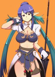Rule 34 | 1girl, aqua hair, arm behind head, bandeau, blue bandeau, blue hair, blue skirt, breasts, chromatic aberration, cleavage, closed mouth, collarbone, cowboy shot, gloves, hair between eyes, head tilt, highres, hiramine akira, judith (tales), large breasts, legs apart, long hair, long pointy ears, midriff, miniskirt, multicolored hair, orange background, overskirt, pink eyes, pink hair, pointy ears, polearm, short sleeves, shrug (clothing), sidelocks, simple background, skirt, smile, solo, standing, straight-on, streaked hair, swept bangs, tales of (series), tales of vesperia, very long hair, weapon, white gloves, white shrug