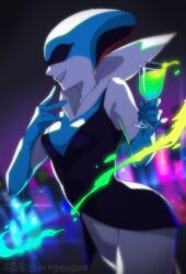 Rule 34 | 1girl, artist name, backlighting, black jacket, blue lips, blue skin, blurry, blurry background, cel shading, colored skin, commentary request, cowboy shot, cup, deltarune, drink, drinking glass, facing viewer, from side, glowing, glowing liquid, grin, highres, holding, holding cup, jacket, ko-on (ningen zoo), multicolored skin, neon lights, no eyes, pinky out, queen (deltarune), smile, solo, sparkle, spill, standing, white skin