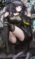 Rule 34 | absurdres, animal ears, arknights, black hair, black shirt, black shorts, bullet, cat ears, cat girl, cat tail, ear protection, grey jacket, gun, handgun, headset, highres, id card, implied extra ears, jacket, jessica (arknights), jessica the liberated (arknights), knee pads, knees up, lungmen dollar, lying, no shoes, nopetroto, on back, panties, pantyshot, ponytail, shirt, short shorts, shorts, tactical clothes, tail, underwear, upshorts, weapon
