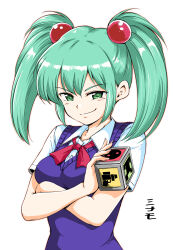 Rule 34 | 1girl, blue vest, bow, bowtie, breasts, character name, cube, custom robo, green eyes, green hair, hamao, highres, long hair, looking at viewer, medium breasts, minamo (custom robo), pink bow, pink bowtie, shirt, short sleeves, smile, smug, solo, translation request, twintails, upper body, vest, white shirt