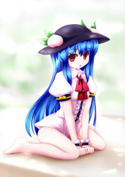 Rule 34 | 1girl, barefoot, blue hair, bottomless, bow, breasts, female focus, food, fruit, hat, highres, hinanawi tenshi, long hair, looking at viewer, no pants, open mouth, panties, peach, red hair, sitting, solo, thighs, touhou, tsubasa (abchipika), underwear, very long hair, wariza, white panties, wrist cuffs
