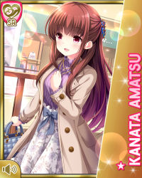 Rule 34 | 1girl, amatsu kanata, bow, brown coat, brown hair, card, character name, coat, day, dress, girlfriend (kari), grey bow, indoors, long hair, official art, open mouth, purple sweater, qp:flapper, red eyes, smile, solo, standing, sweater, tagme, white dress